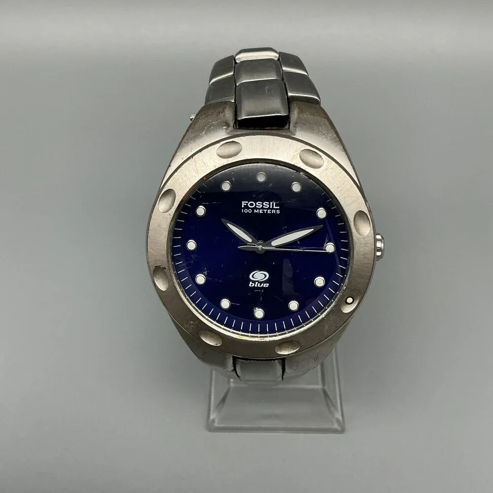 Fossil Blue AM-3319 Mens Watch 39mm Blue Dial Silver Tone New Battery 7